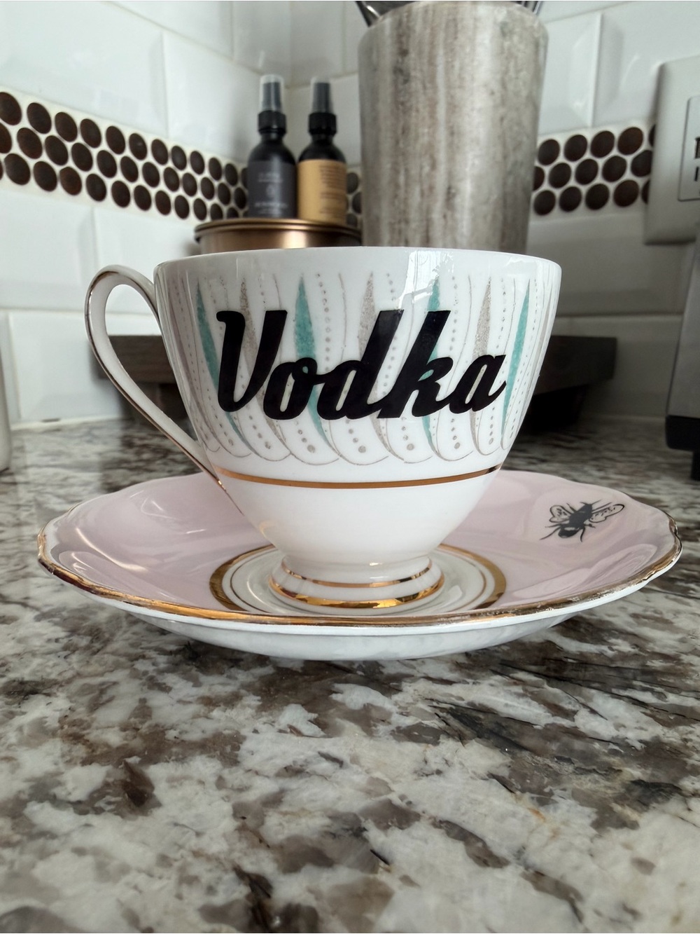 Yvonne Ellen Vodka Teacup & Saucer Pink Bee Gold Trim Boozy Collection